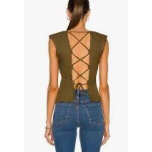 FRAME Lace Back Blouse Women’s Small Green Surplice Army Linen Blend Modern NEW